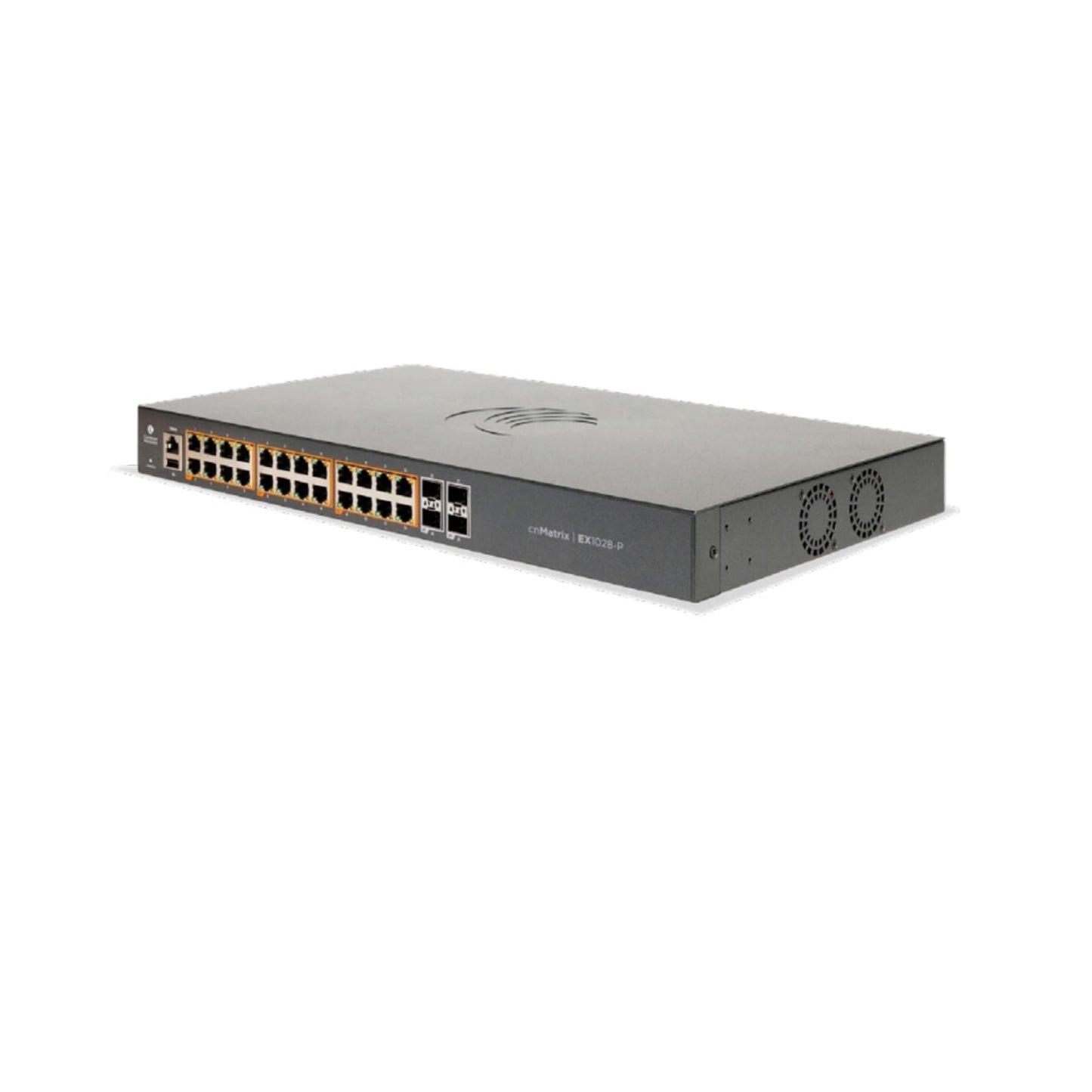 Cambium Networks cnMatrix EX1028-P Switch- 56 Gbps Throughput- 24 Ethernet PoE+ Enabled Ports- 4 SFP Fiber Uplink Ports - 512 MB DRAM - 128 MB Flash Storage (No Power Cord, USA Only)- MX-EX1028PxA-1