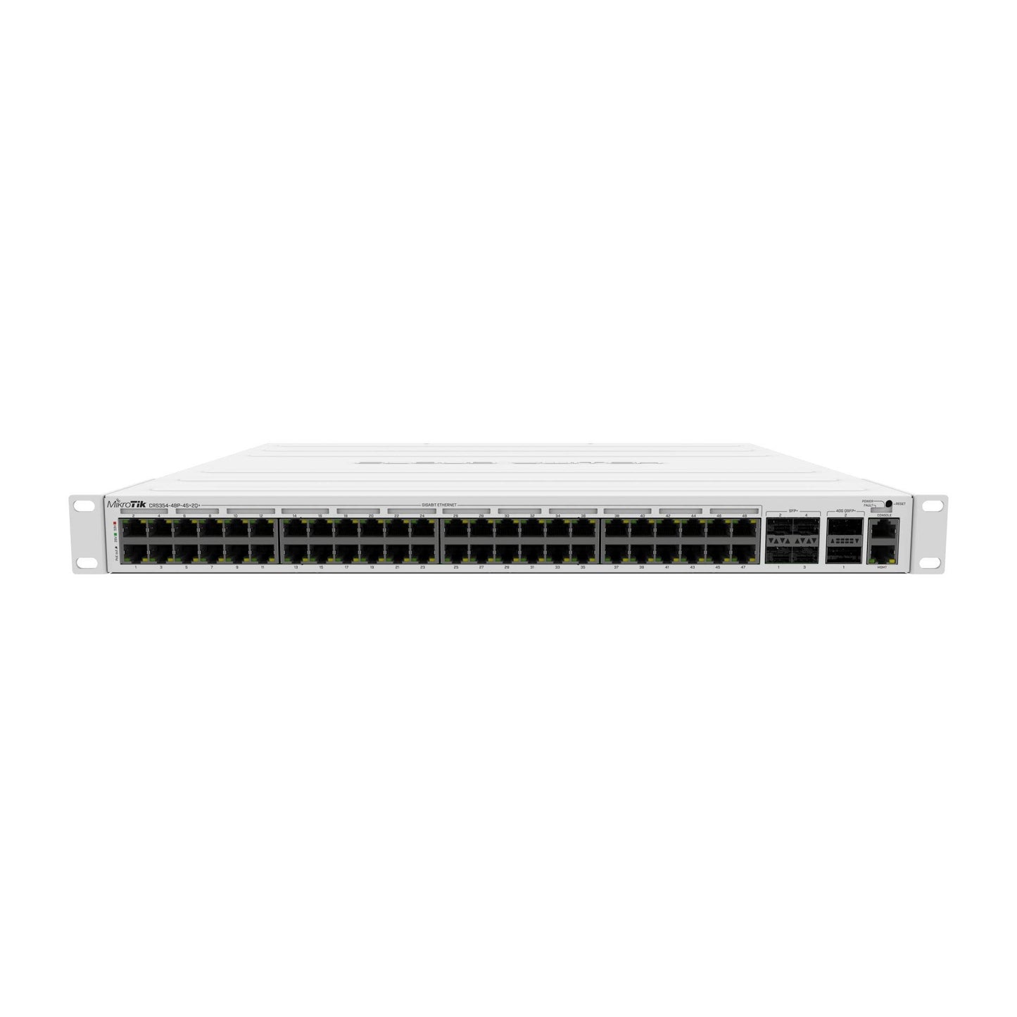 MikroTik CRS354-48P-4S+2Q+RM Switch has 48 x 1G RJ45 Ports and 4 x 10G SFP+ Ports. 2 x 40G QSFP+ Ports for Extremely Fast Fiber Connections or Linking with Other 40 Gbps Devices