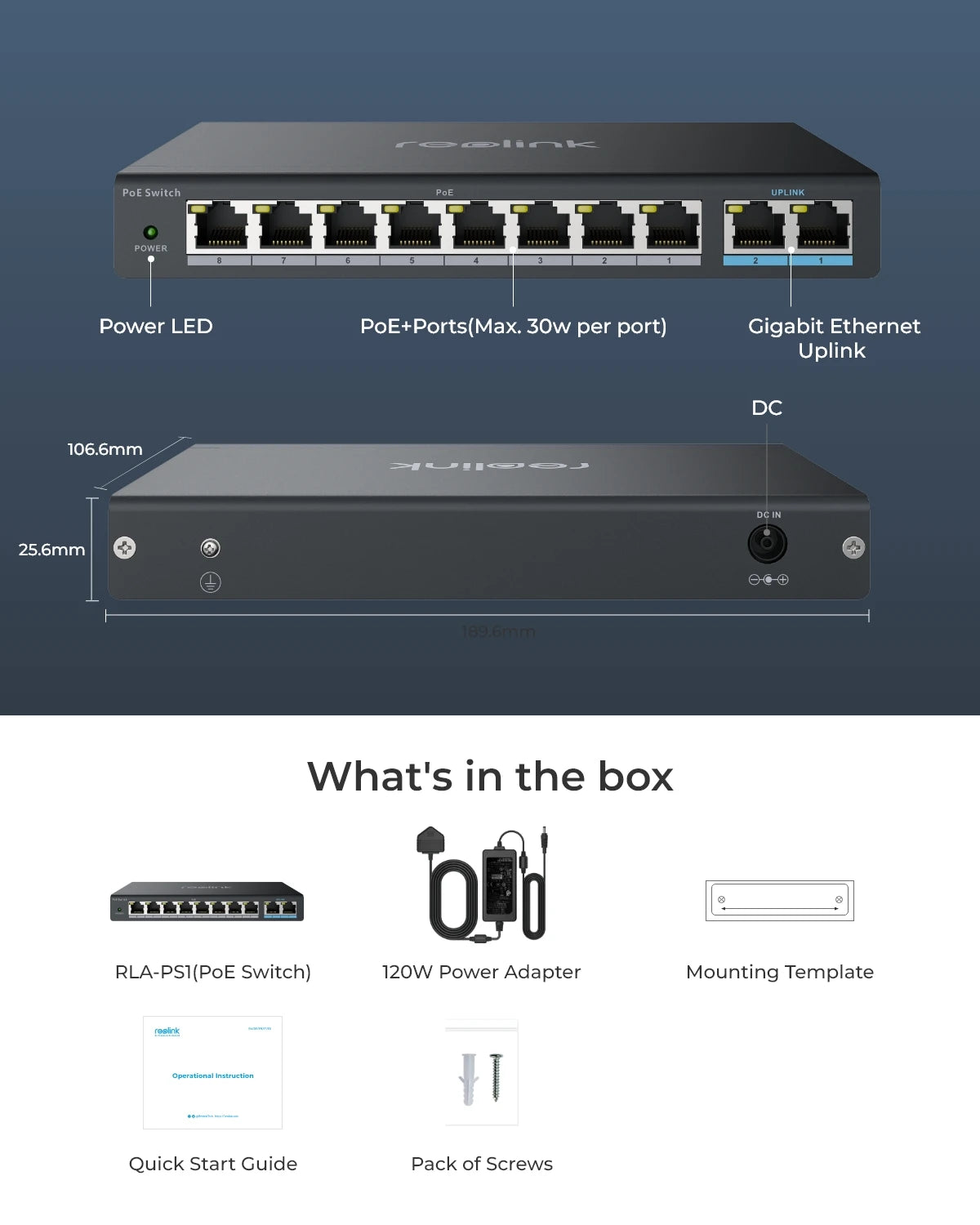 Reolink PoE Switch with 8 PoE Ports 2 Gigabit Uplink Ports 120W Ethernet Switch PoE Injector Power Supply for PoE IP Cameras