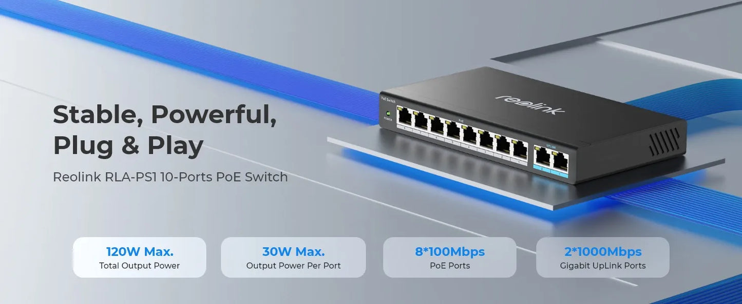 Reolink PoE Switch with 8 PoE Ports 2 Gigabit Uplink Ports 120W Ethernet Switch PoE Injector Power Supply for PoE IP Cameras