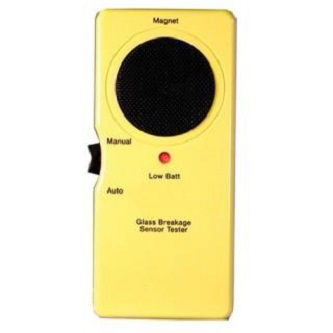 The DS1110i Glassbreak Tester is used to test DS1101i, DS1102i, DS1103i, and DS1108i Glass Break Detectors. It is powered by a 9 V alkaline battery (supplied).