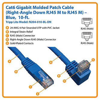 Down-Angle Cat6 Gigabit Molded UTP Ethernet Cable (RJ45 Right-Angle Down M to RJ45 M), Blue, 10 ft. (3.05 m)