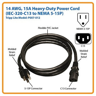 Computer Power Cord, NEMA 5-15P to C13 - Heavy-Duty, 15A, 125V, 14 AWG, 12 ft. (3.66 m), Black
