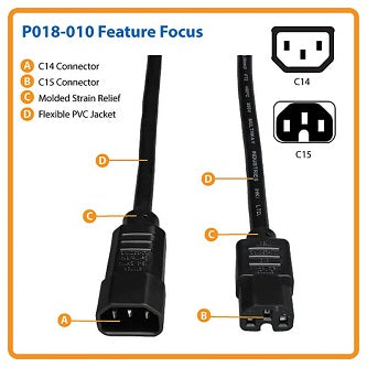 Power Cord C14 to C15 - Heavy-Duty, 15A, 250V, 14 AWG, 10 ft. (3.05 m), Black