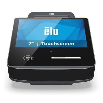 Elo Pay 7-inch, Android 12 with GMS, 1920 x 1080 HD Display, Qualcomm 660 Octa-Core Processor, 4GB RAM, 64GB Flash, Integrated Payment (NFC, EMV, MSR), 5MP Front Camera, EloView Compatible, Black, with Printer and Swivel Stand.