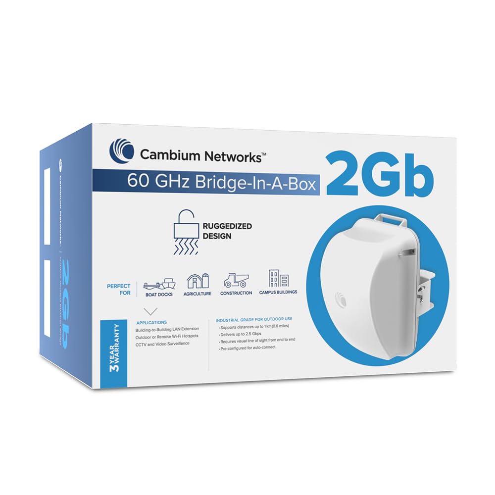 Cambium Networks 60 GHz Bridge in a Box - Extend Internet Connectivity - LAN Extension- Backhaul Outdoor/Remote Wi-Fi Hotspots - (US Cord)