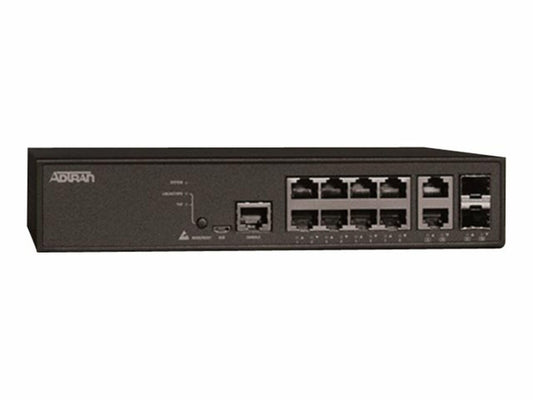 Adtran 17101561PF2 12 Port Managed Layer 2/3 Gigabit Ethernet Switch. Includes 8 -10/100/1000base-t Access Ports 2 Sfp/rj45 Combo 1gige Uplink Ethernet Ports Capable Of 1 Gbps. Features Include Static