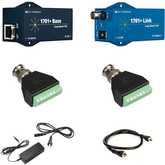 NVT Phybridge NV-EC1701PLS-XKIT Extender Kit; Includes: 1701+ Base Extender & Link Adapter, NV-PS55-60W Power Supply, 2' Coaxial Cable, and 2 x NV-BNCA BNC Screw Terminal Adapters
