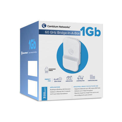 Cambium Networks 60 GHz Bridge in a Box - Extend Internet Connectivity - LAN Extension- Backhaul Outdoor/Remote Wi-Fi Hotspots - (US Cord)