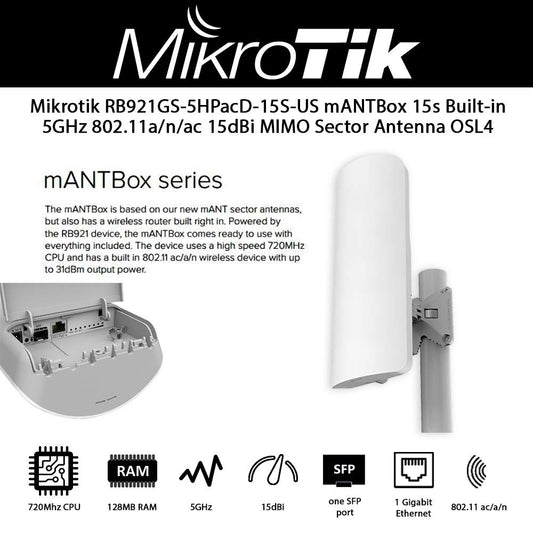 Mikrotik mANTBox 15s Built-in 5GHz 802.11a/n/ac 15dBi MIMO Sector Antenna OSL4 (RB921GS-5HPacD-15S-US)