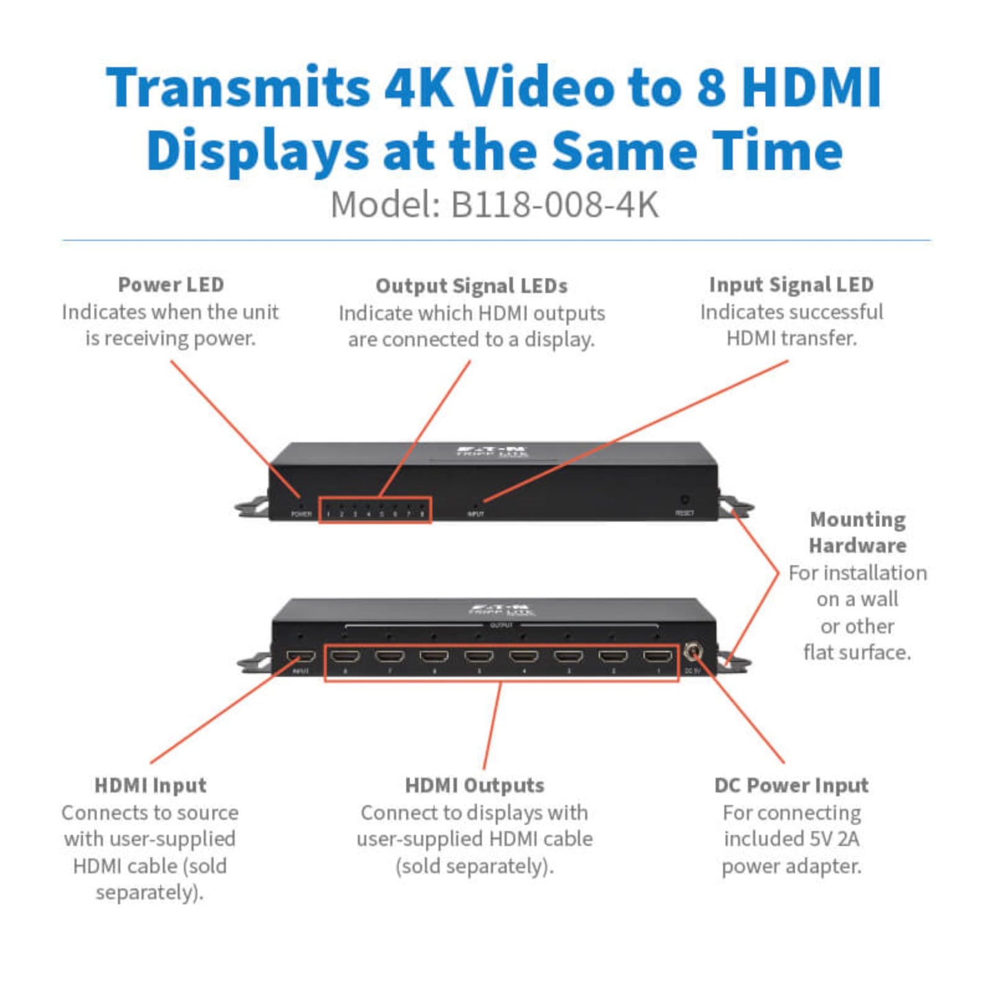 Tripp Lite Series 8-Port HDMI Splitter, 4K@60Hz, 1 in 8 Out, Mirror/Duplicate Only, Multi-Resolution Support, Mounting Kit, International Power Adapter, Plug-and-Play, 1-Year Warranty (B118-008-4K)