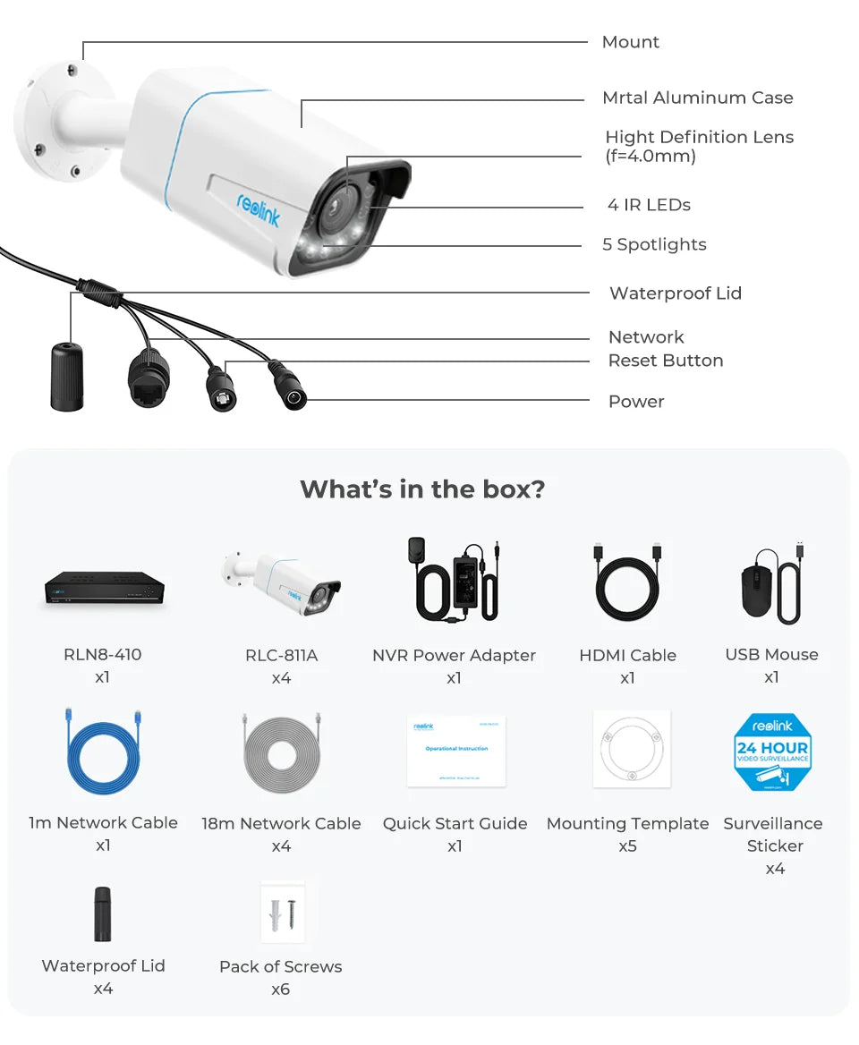 Reolink 8CH 4K Security Camera System 8MP IP Cameras Kit with Zoom 16-Channel 24/7 Reliable Video Recording 8-Channel PoE NVR