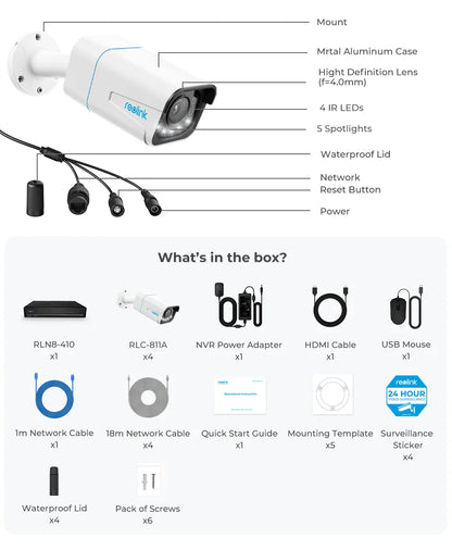Reolink 8CH 4K Security Camera System 8MP IP Cameras Kit with Zoom 16-Channel 24/7 Reliable Video Recording 8-Channel PoE NVR