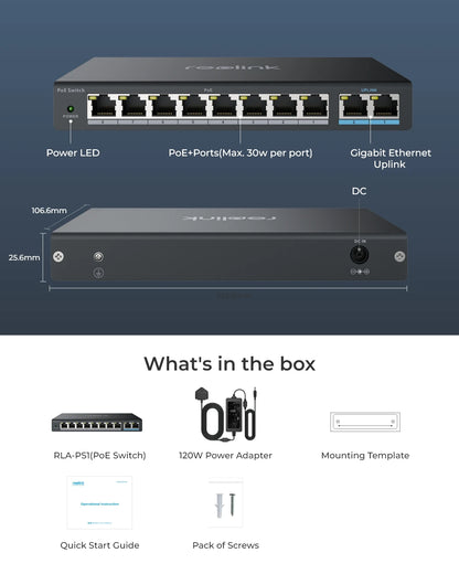 Reolink PoE Switch with 8 PoE Ports 2 Gigabit Uplink Ports 120W Ethernet Switch PoE Injector Power Supply for PoE IP Cameras