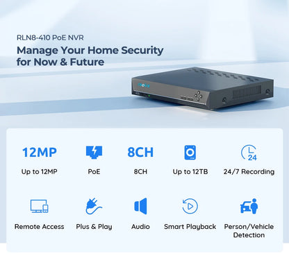 Reolink 8CH 4K Security Camera System 8MP IP Cameras Kit with Zoom 16-Channel 24/7 Reliable Video Recording 8-Channel PoE NVR