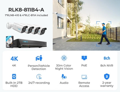 Reolink 8CH 4K Security Camera System 8MP IP Cameras Kit with Zoom 16-Channel 24/7 Reliable Video Recording 8-Channel PoE NVR