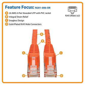 Cat6 Gigabit Snagless Molded (UTP) Ethernet Cable (RJ45 M/M), PoE, Orange, 6 ft. (1.83 m)