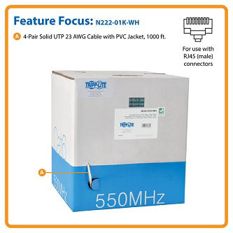 Cat6 Gigabit Solid Core UTP PVC Bulk Ethernet Cable, White, 1000 ft. (304.8 m), TAA