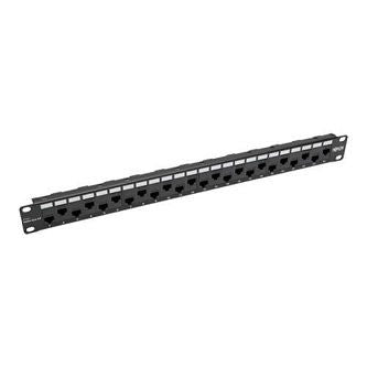 24-Port 1U Rack-Mount Cat5e/6 Offset Feed-Through Patch Panel with Cable  Management Bar, RJ45 Ethernet, TAA