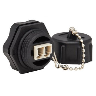 Rigid Industrial IP68 Duplex Multimode Fiber Coupler (LC/LC) with Dust Cap, 10G Ethernet