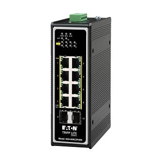 8-Port Unmanaged Industrial Gigabit Ethernet Switch - 10/100/1000 Mbps, PoE+ 30W, 2 GbE SFP Slots, -40 degrees to 75degrees C, DIN Mount