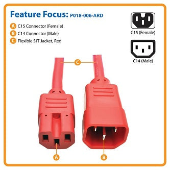 Power Cord C14 to C15 - Heavy-Duty, 15A, 250V, 14 AWG, 6 ft. (1.83 m), Red