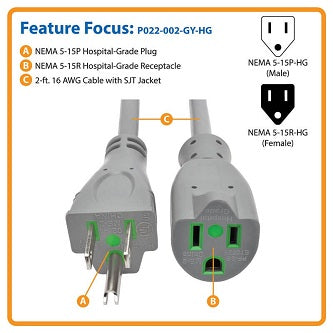 Hospital-Grade Extension Cord, NEMA 5-15P to NEMA 5-15R - Green Dot, 13A, 125V, 16 AWG, 2 ft. (0.61 m), Gray