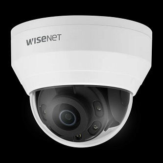 Wisenet Q network indoor dome camera, 5MP 30fps, 2.8mm fixed focal lens , triple codec H.265/H.264/MJPEG with Wisestream II, 120dB WDR, IR LEDs range 65', defocus detection, hallway View, SD card, video analytics, CVBS, open platform, PoE, white color