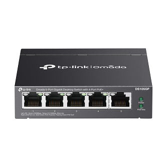 Omada 5-Port Gigabit Desktop Switch with 4-Port PoE+. PORT: 4 Gigabit PoE+ Ports, 1 Gigabit Non-PoE Port; SPEC: 802.3af/at, 65 W PoE Power, Desktop Steel Case; FEATURE: Plug and Play