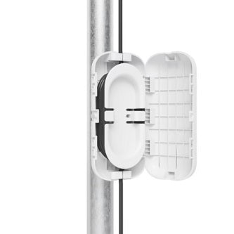 UV-resistant, pole or wall-mountable enclosure with a detachable reel for organizing and reducing physical strain on fiber optic cabling.